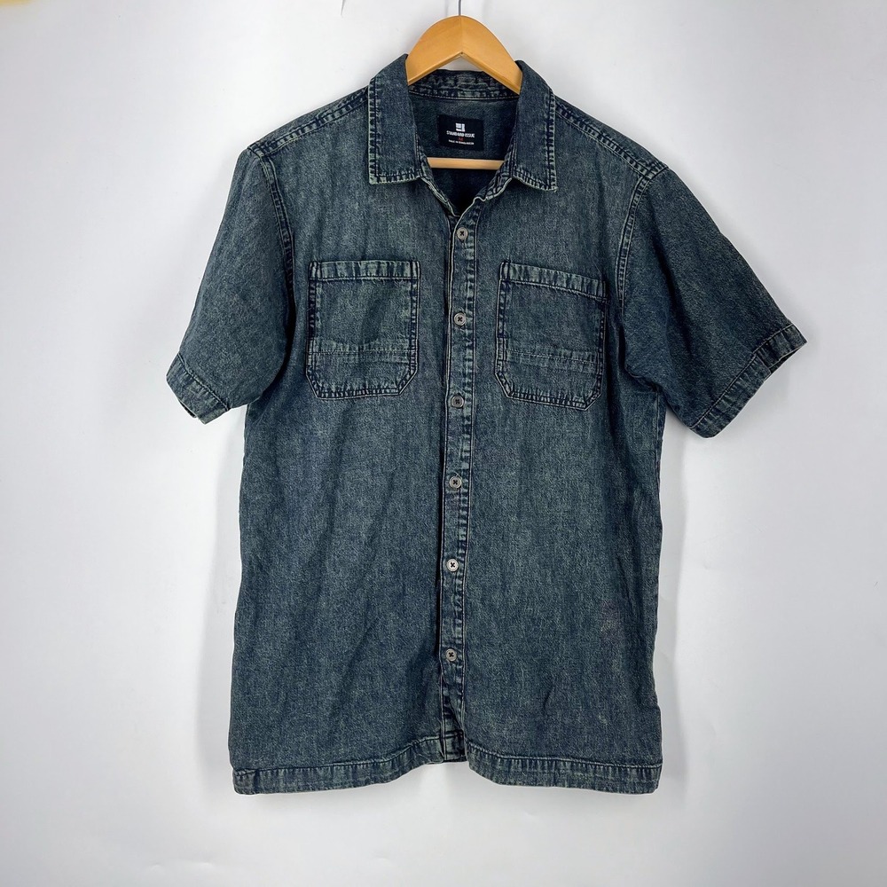 Standard Issue Mens Short Sleeve Denim Button Down Shirt Acid Wash Gray Blue M
